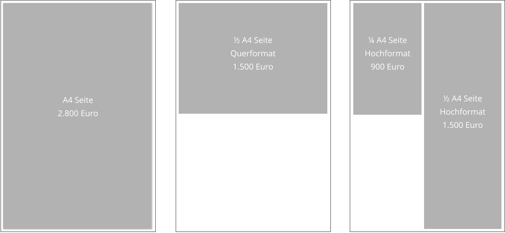 A4 Seite  2.800 Euro ½ A4 Seite  Hochformat 1.500 Euro ½ A4 Seite  Querformat 1.500 Euro ¼ A4 Seite  Hochformat 900 Euro